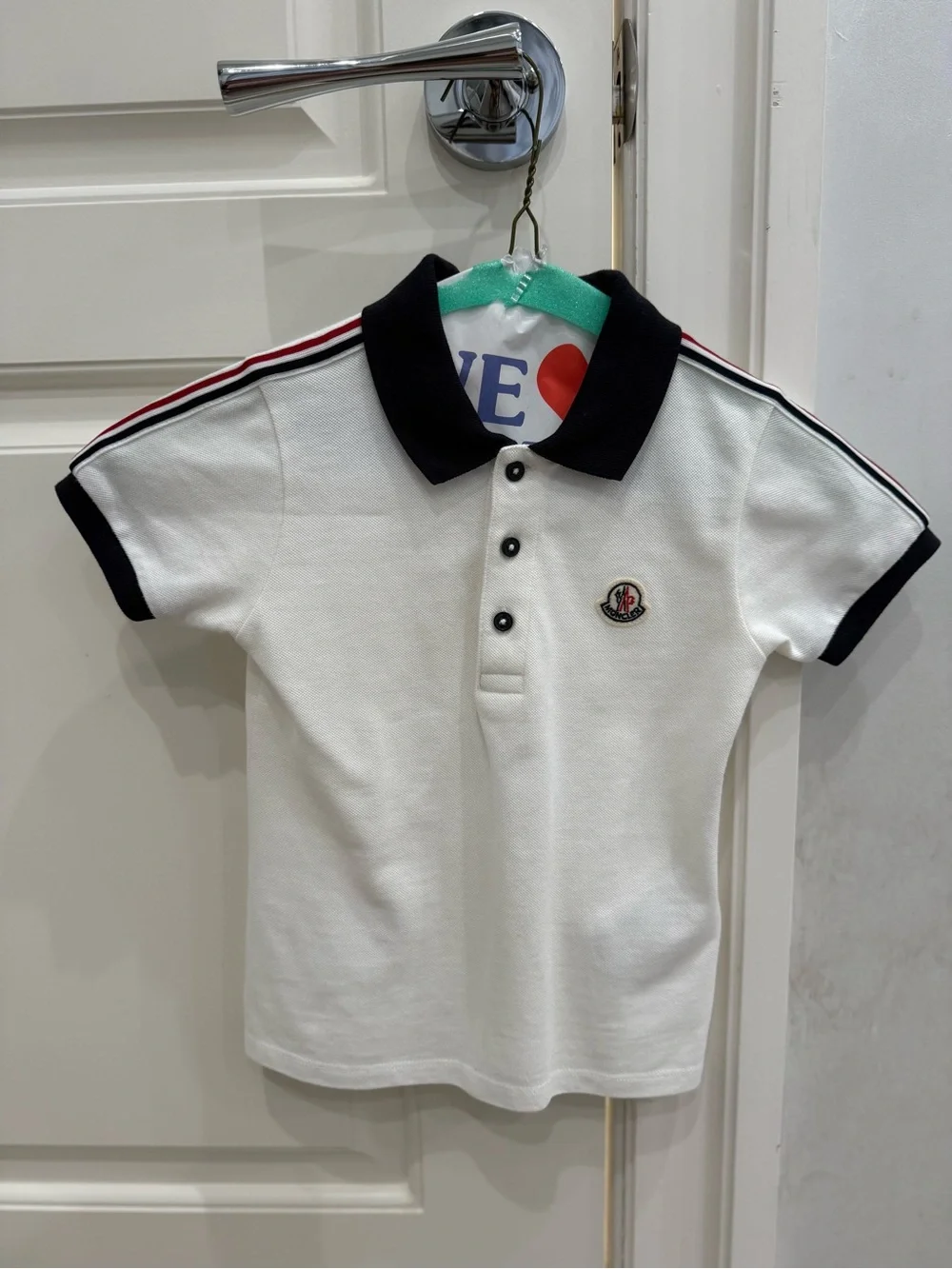 Moncler Kids White Polo with Navy Collar and Tricolor Shoulder Stripes